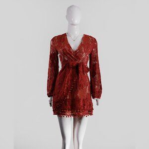 Chic Red Lace V-Neck Dress with Bell Sleeves Occult